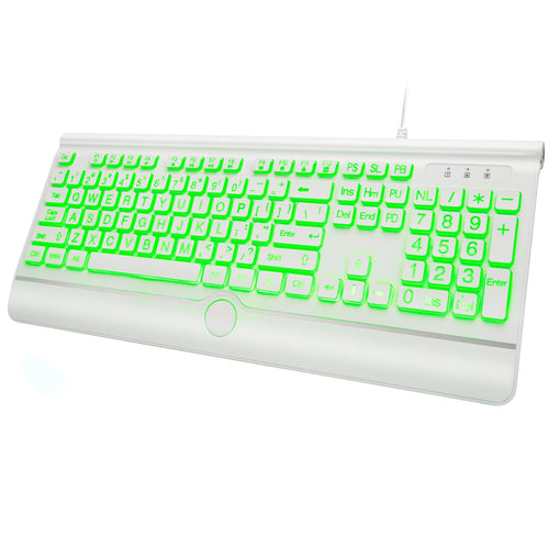 Large Print Backlit Computer Keyboard, USB Full-Size Wired Keyboard with 7-Color Backlight, Wrist Rest, Light-Up Keyboard for Windows, PC, Laptop