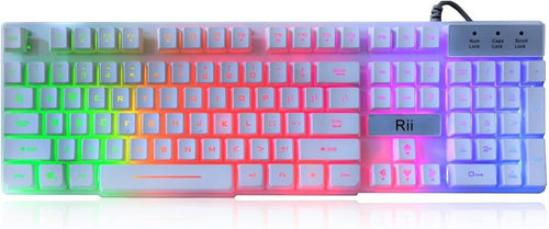 RK100+ Multiple Color Rainbow LED Backlit Large Size USB Wired Mechanical-Feeling Multimedia PC Gaming Keyboard, Office Keyboard for Work or Casual Gaming