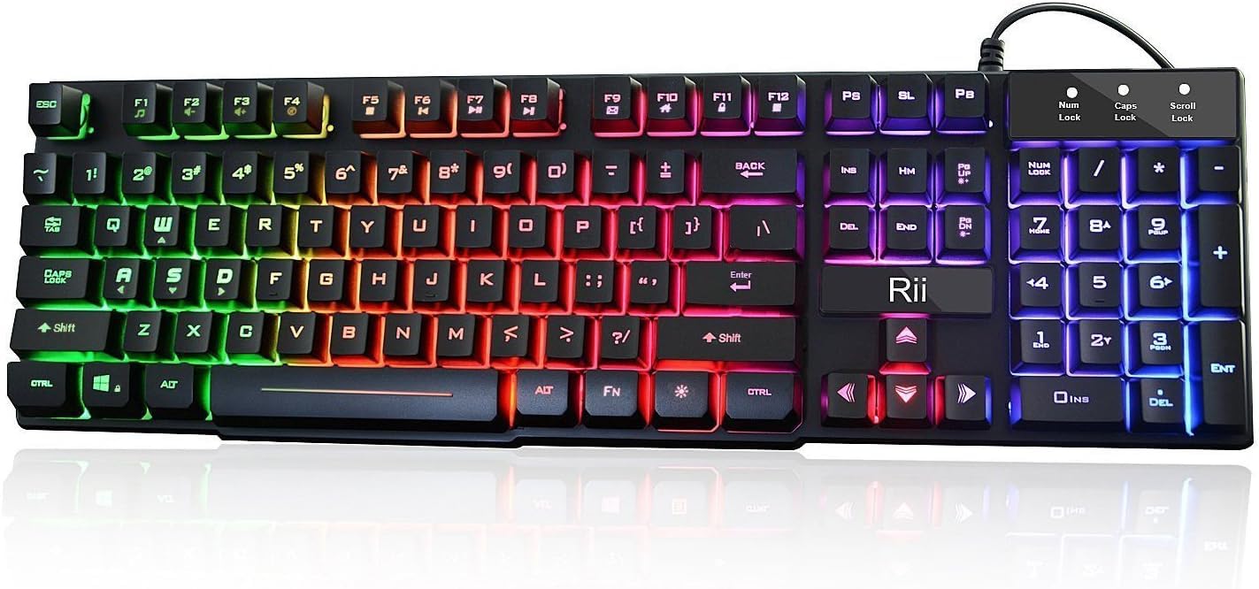 RK100+ Multiple Color Rainbow LED Backlit Large Size USB Wired Mechanical-Feeling Multimedia PC Gaming Keyboard, Office Keyboard for Work or Casual Gaming