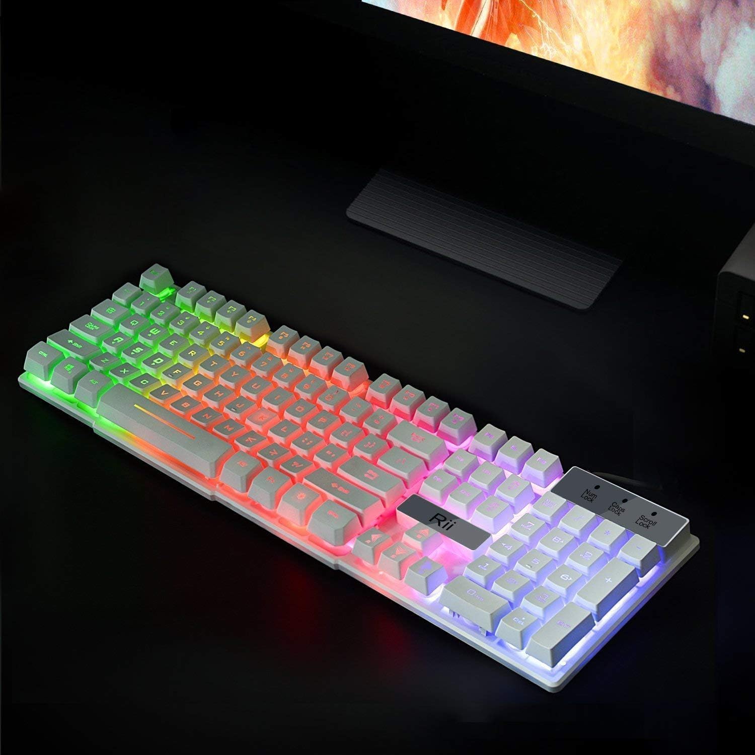 RK100+ Multiple Color Rainbow LED Backlit Large Size USB Wired Mechanical-Feeling Multimedia PC Gaming Keyboard, Office Keyboard for Work or Casual Gaming