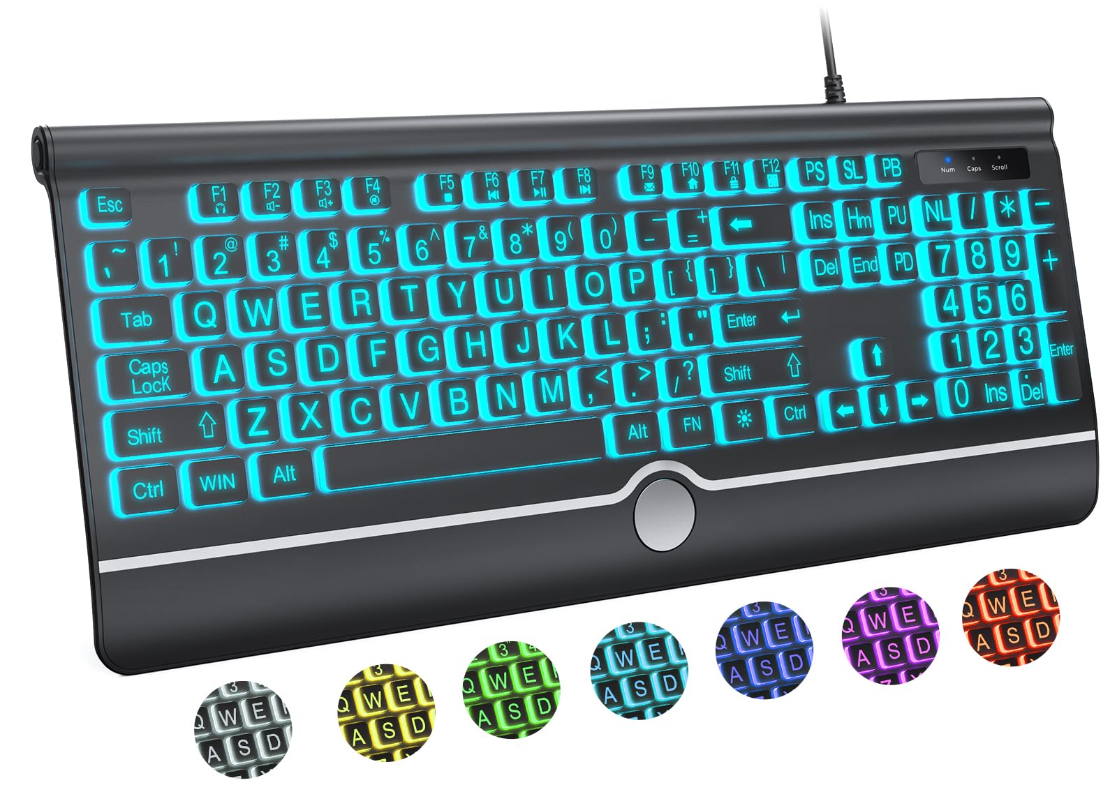 Large Print Backlit Computer Keyboard, USB Full-Size Wired Keyboard with 7-Color Backlight, Wrist Rest, Light-Up Keyboard for Windows, PC, Laptop