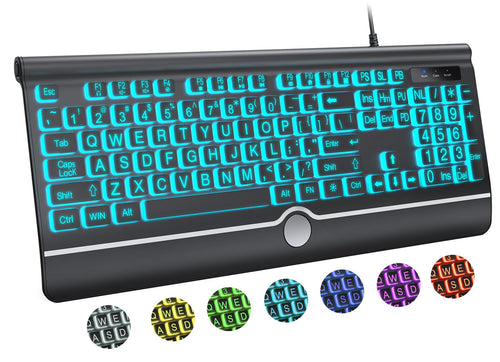 Large Print Backlit Computer Keyboard, USB Full-Size Wired Keyboard with 7-Color Backlight, Wrist Rest, Light-Up Keyboard for Windows, PC, Laptop